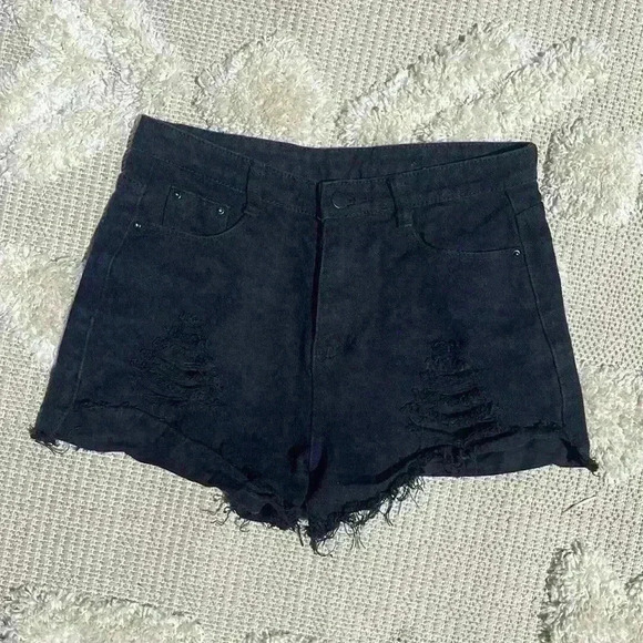 Shein SXY High Waist Ripped Frayed Black Denim Shorts - Picture 2 of 5